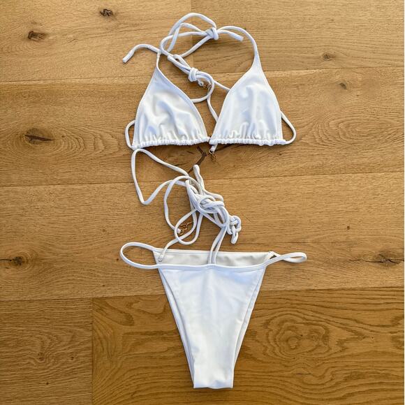 Bamba Swim - Sol Triangle Halter Bikini Top & Sol Bikini Bottoms in White & Gold - Picture 1 of 6
